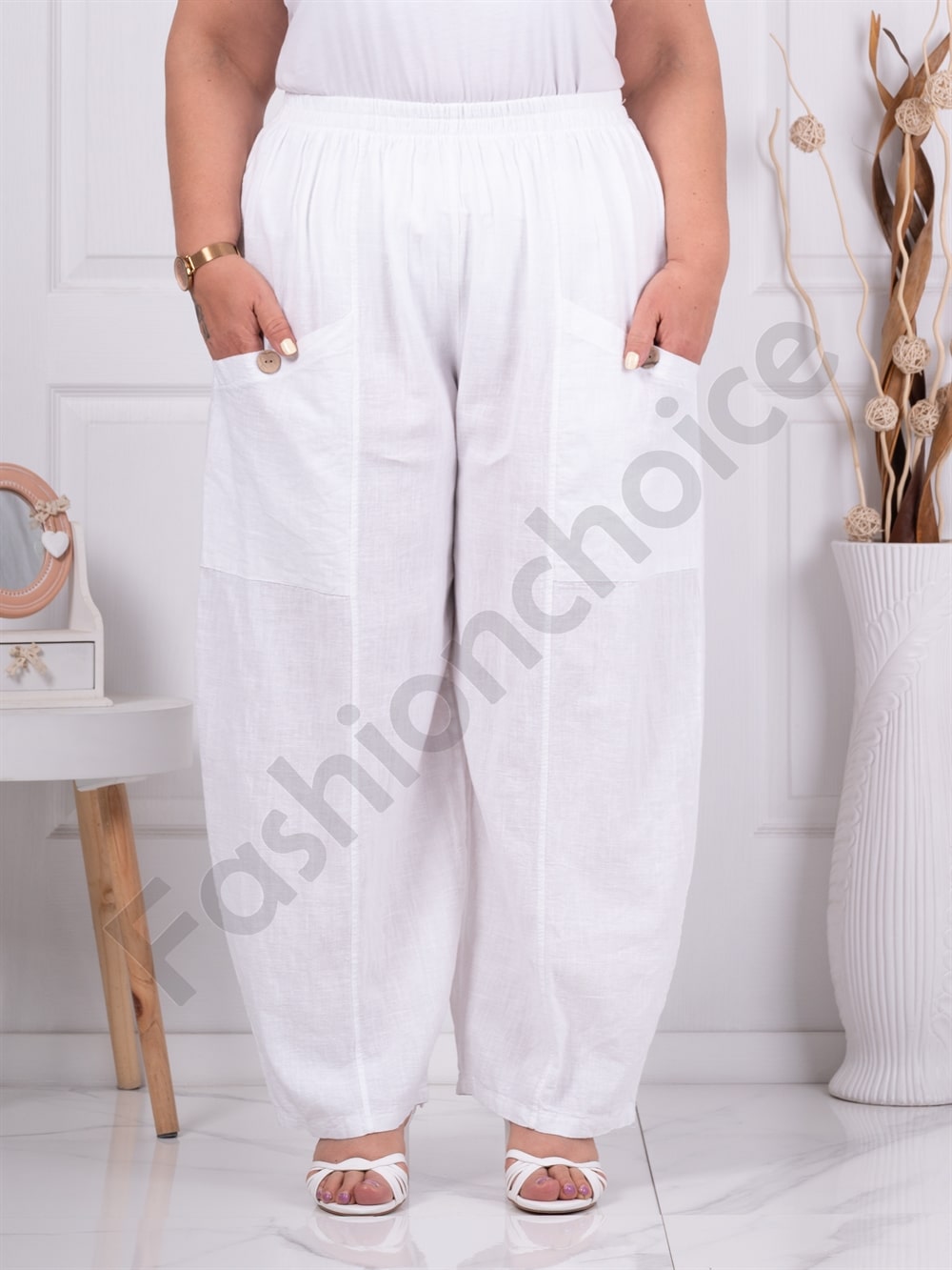 Plus size παντελόνι 100% λινό-λευκό-κωδ 6503-1