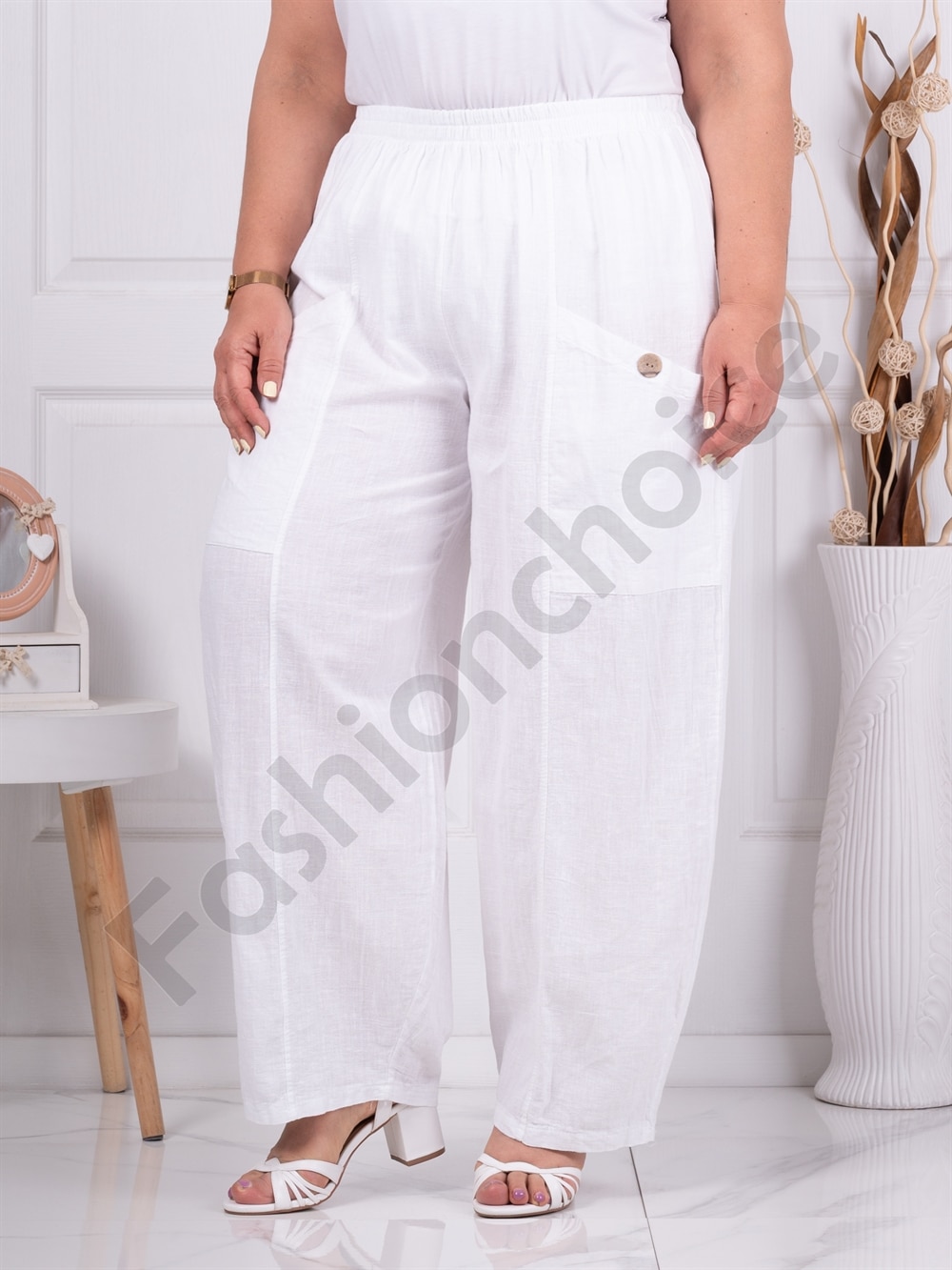 Plus size παντελόνι 100% λινό-λευκό-κωδ 6503-1