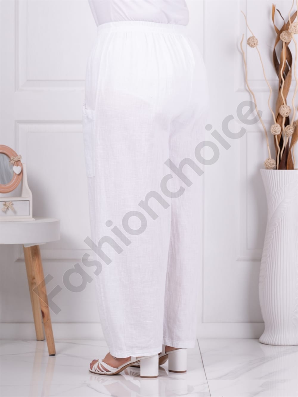 Plus size παντελόνι 100% λινό-λευκό-κωδ 6503-1