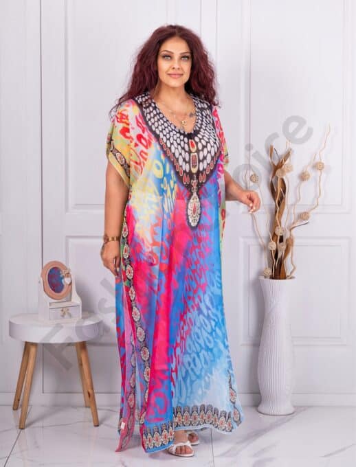 Plus size καφτάνι παραλίας λεοπάρ μοτίβο-κοραλί/μπλε-κωδ 1005