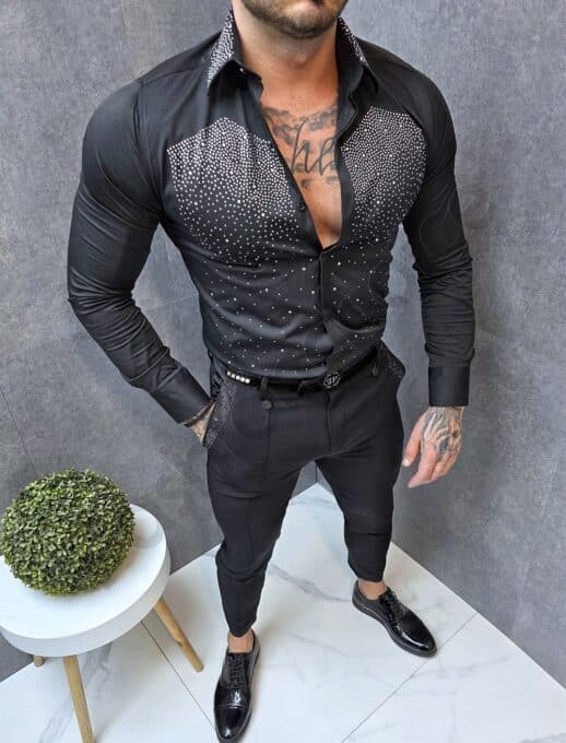 Ανδρικό πουκάμισο με στρας-μαύρο-κωδ 5187