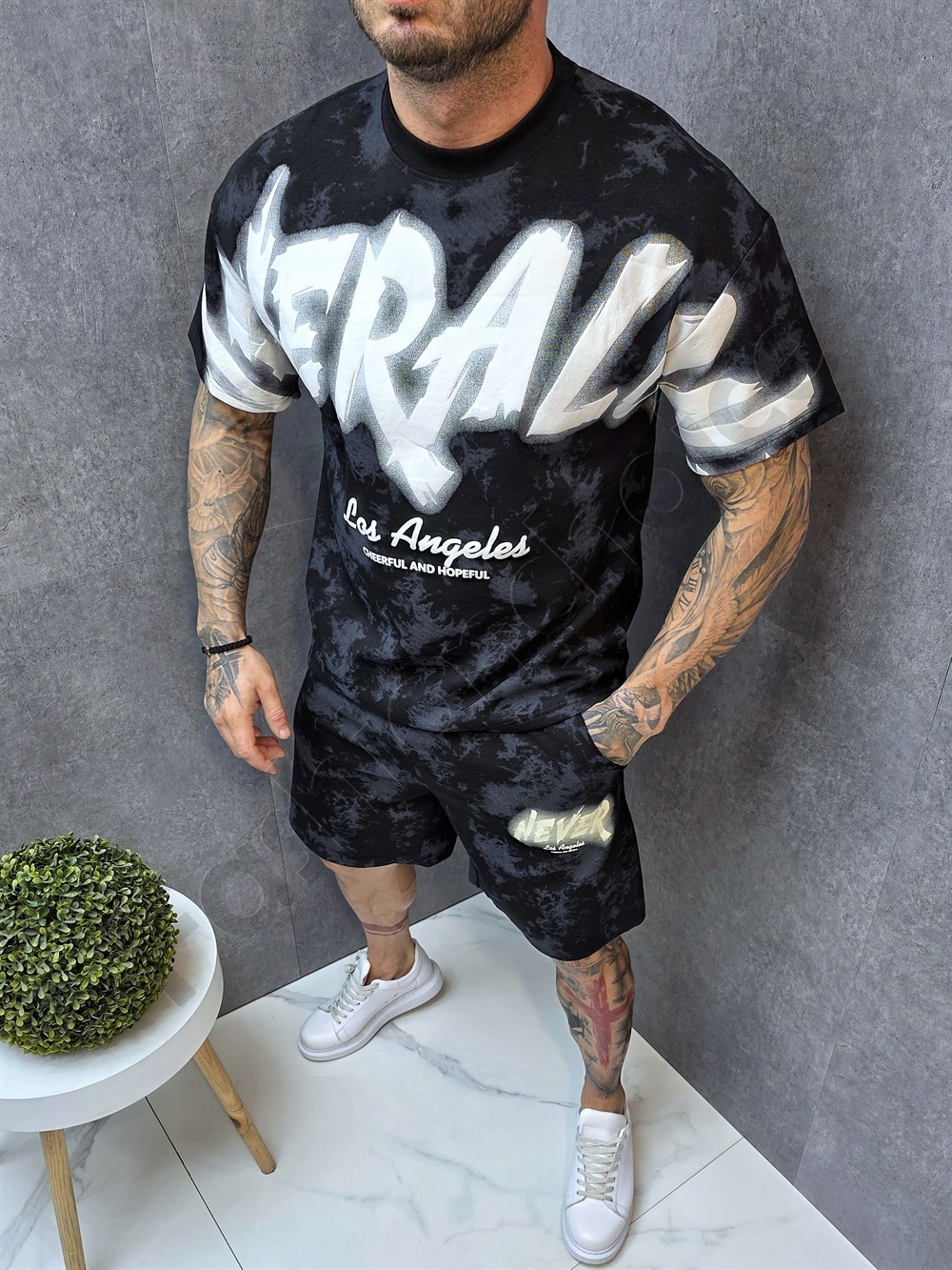 Ανδρικό σετ T-Shirt και βερμούδα με τύπωμα-μαύρο-κωδ 271
