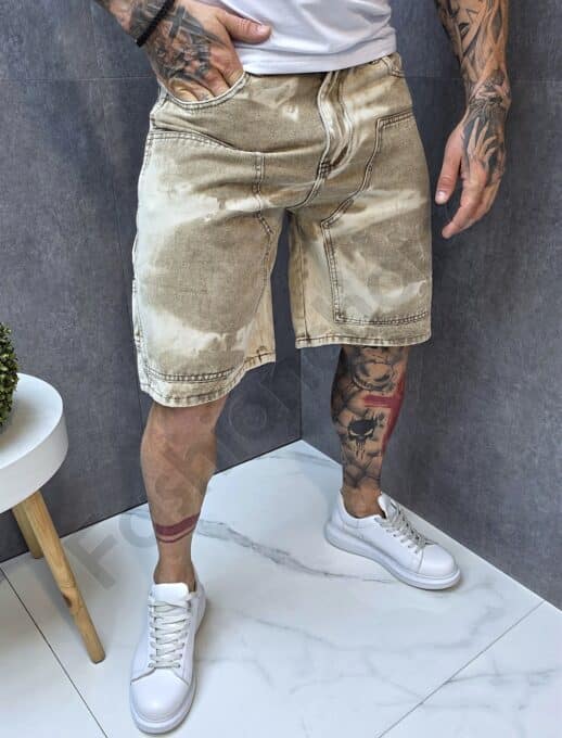 Ανδρική τζιν βερμούδα Baggy με ξεβάμματα-μόκα-κωδ 255