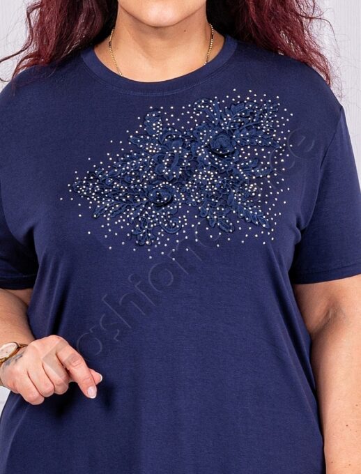 Plus size μπλούζα με απλικέ δαντέλας-σκούρο μπλε-κωδ 2005-3