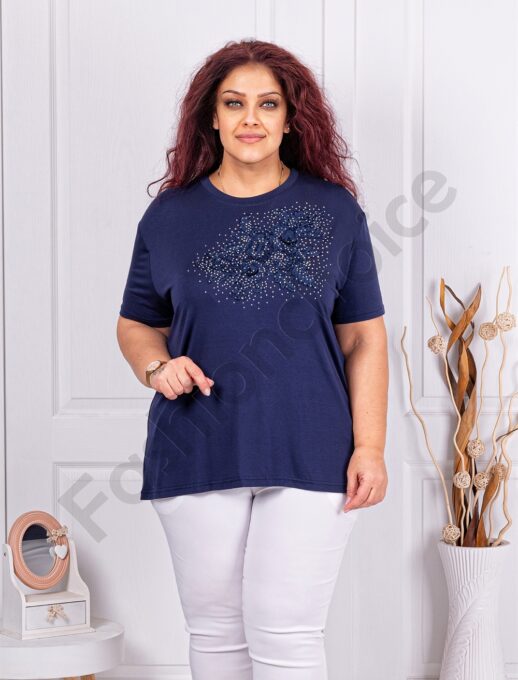 Plus size μπλούζα με απλικέ δαντέλας-σκούρο μπλε-κωδ 2005-3