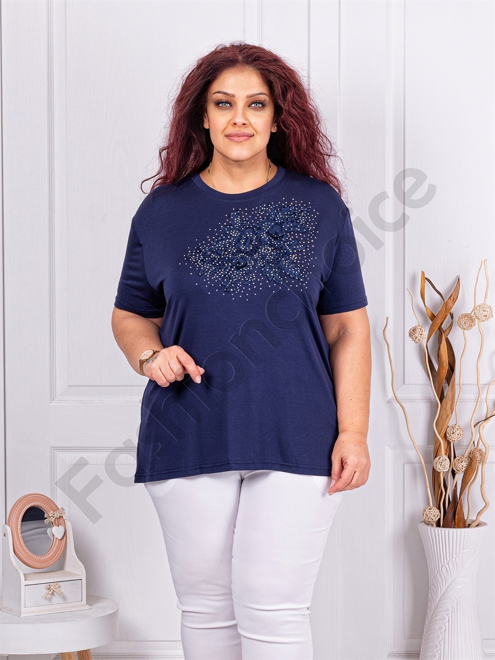 Plus size μπλούζα με απλικέ δαντέλας-σκούρο μπλε-κωδ 2005-3