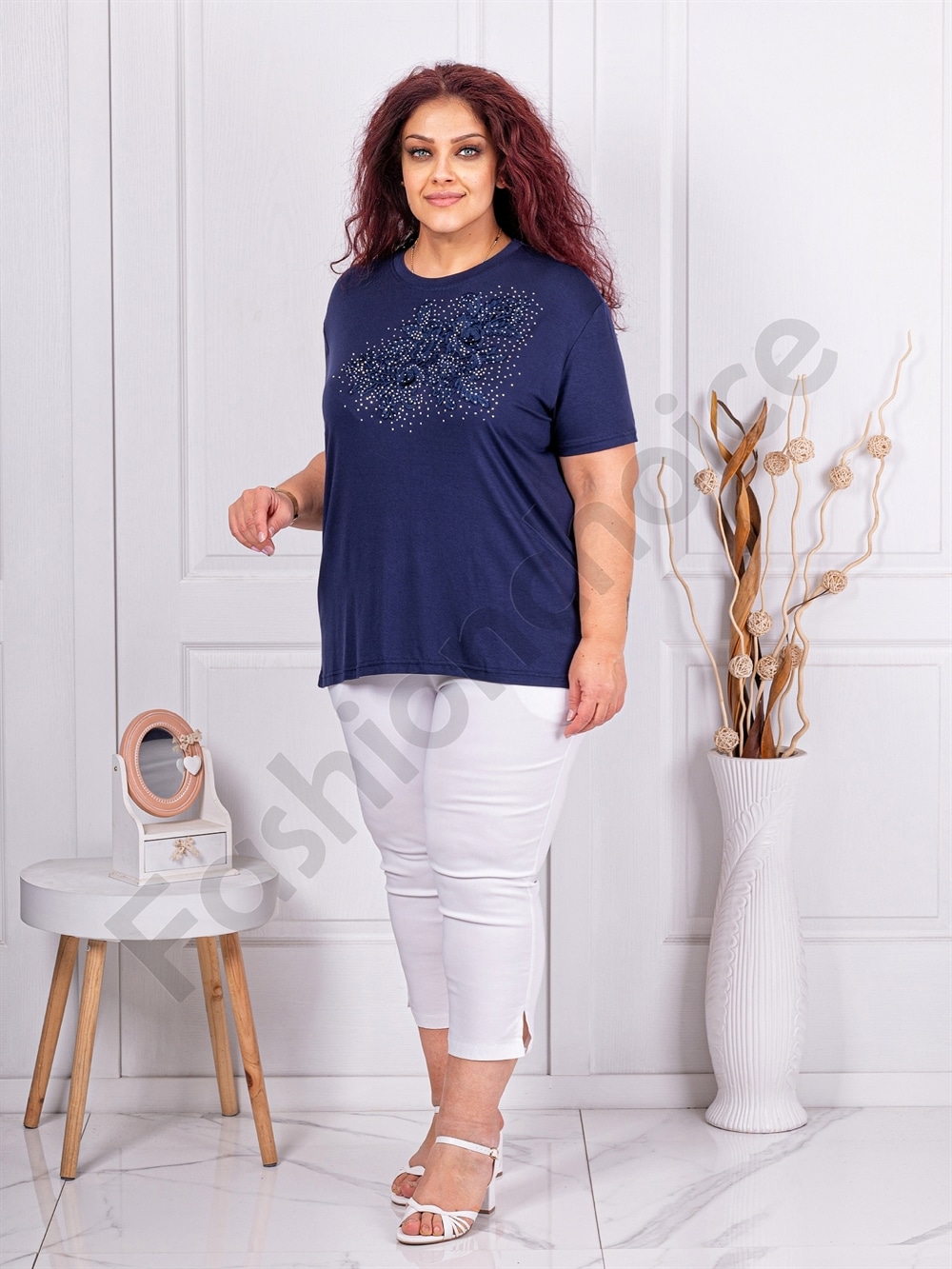Plus size μπλούζα με απλικέ δαντέλας-σκούρο μπλε-κωδ 2005-3