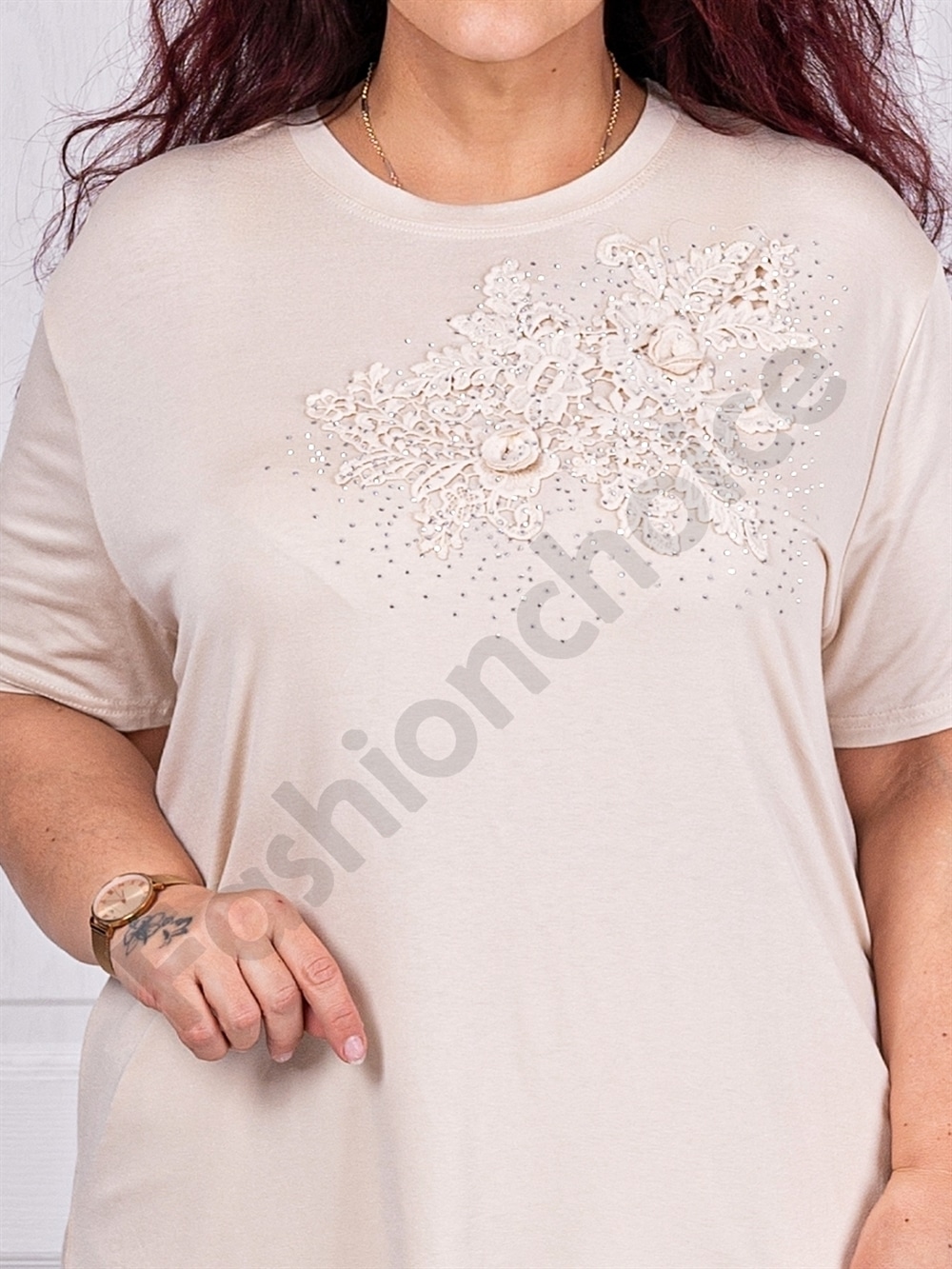 Plus size μπλούζα με απλικέ δαντέλας-εκρού-κωδ 2005-4