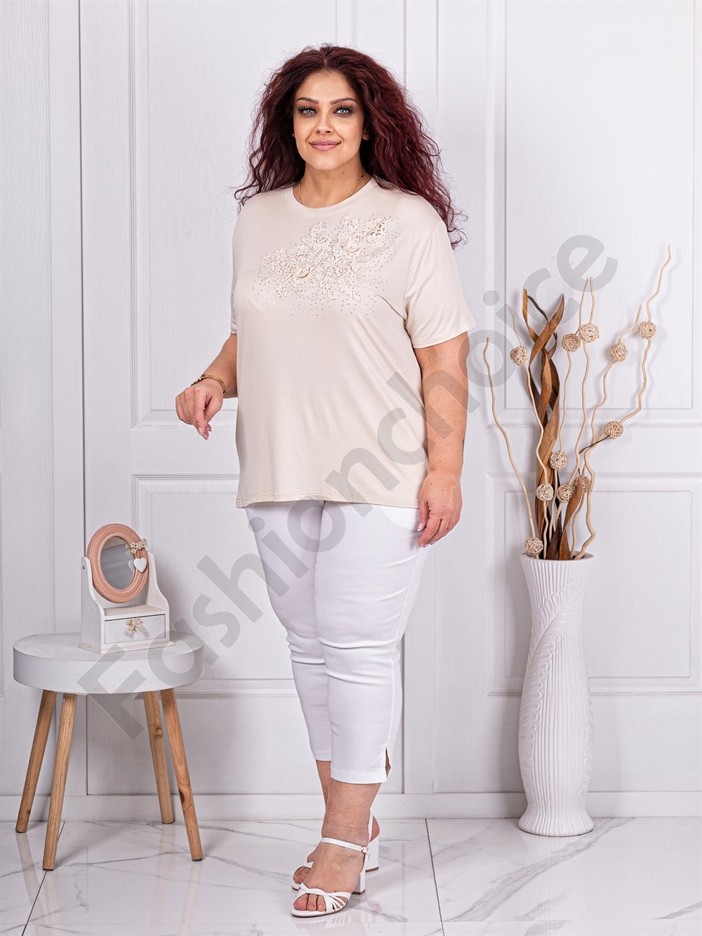 Plus size μπλούζα με απλικέ δαντέλας-εκρού-κωδ 2005-4