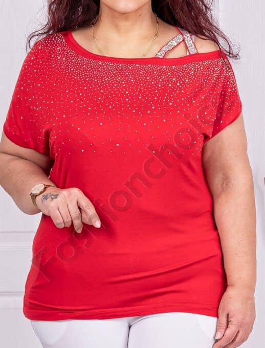 Plus size μπλούζα με έξω τον ώμο-κόκκινο-κωδ 252-1