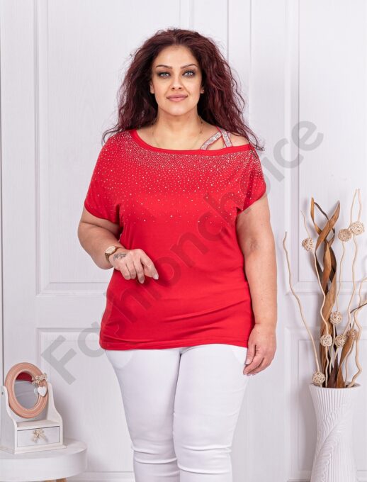 Plus size μπλούζα με έξω τον ώμο-κόκκινο-κωδ 252-1
