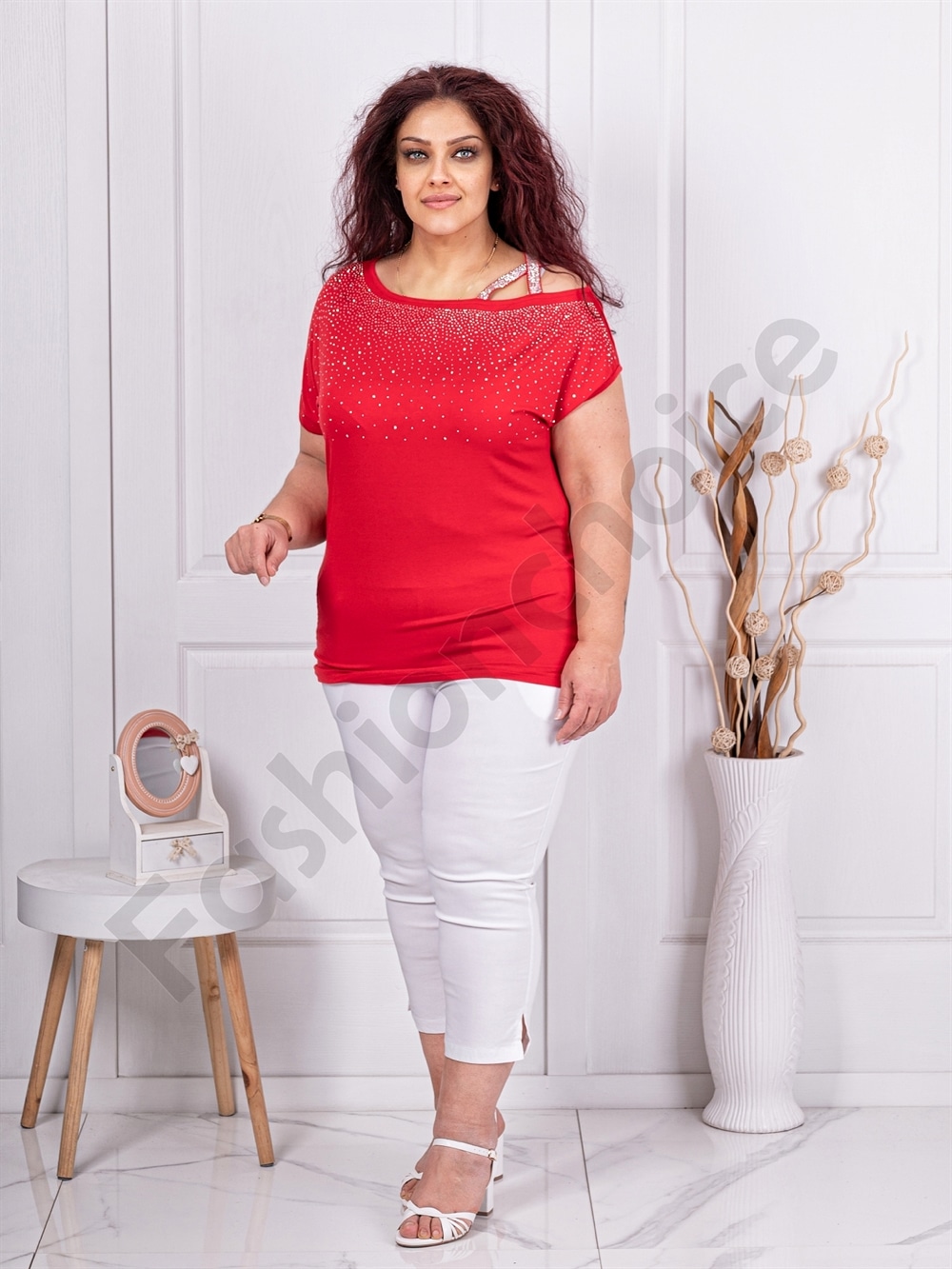 Plus size μπλούζα με έξω τον ώμο-κόκκινο-κωδ 252-1