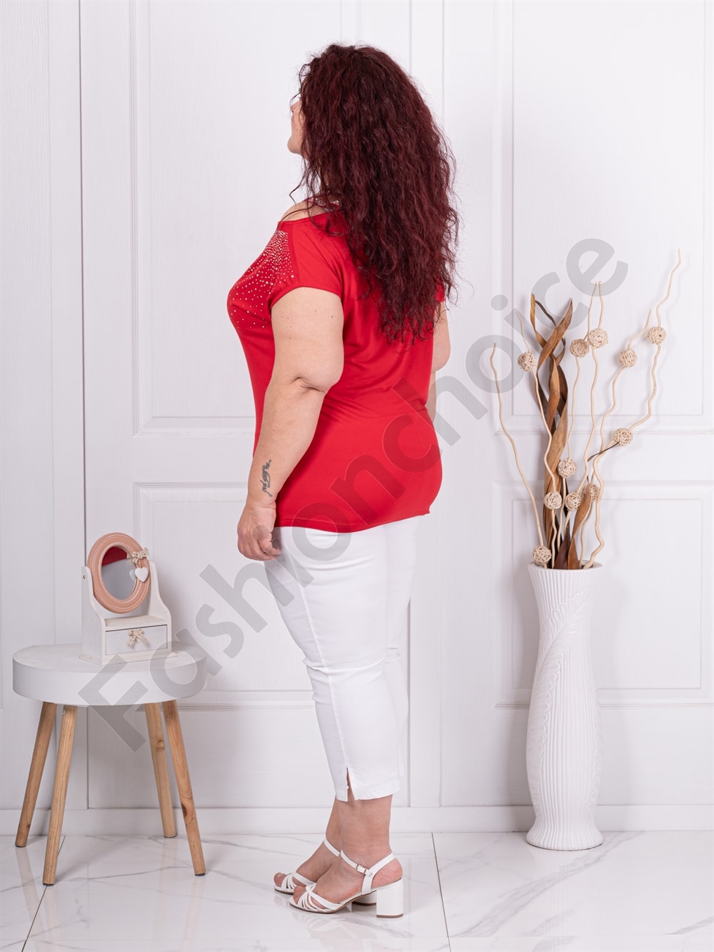 Plus size μπλούζα με έξω τον ώμο-κόκκινο-κωδ 252-1