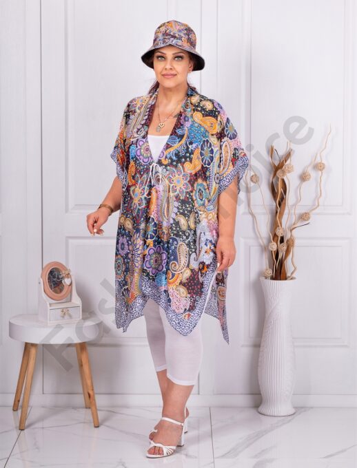 Plus size σετ καφτάνι με καπέλο-μπλε-κωδ 338