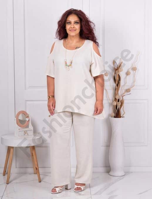 Plus size σετ παντελόνι με τουνίκ-εκρού-κωδ 1450-1