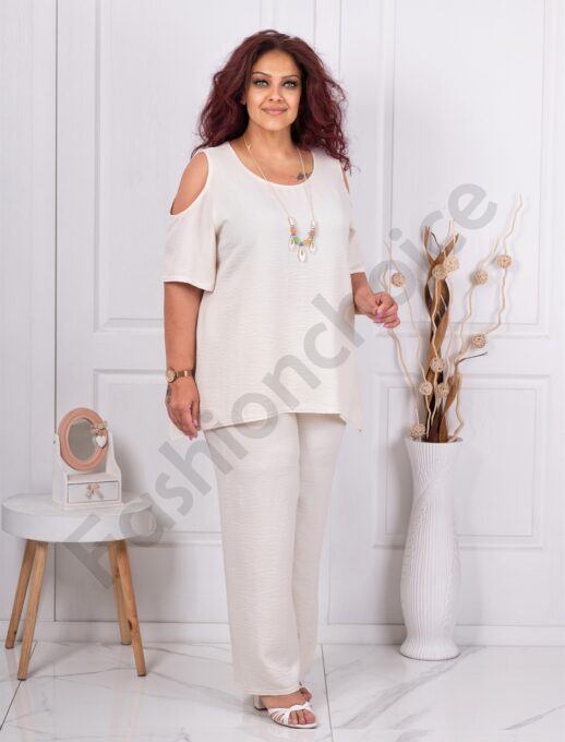 Plus size σετ παντελόνι με τουνίκ-εκρού-κωδ 1450-1