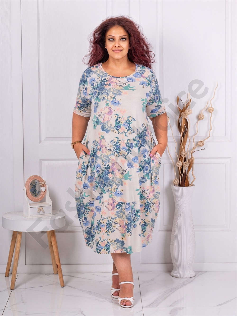 Plus size φόρεμα με φλοράλ ντεσέν-εκρού-κωδ 1281-4