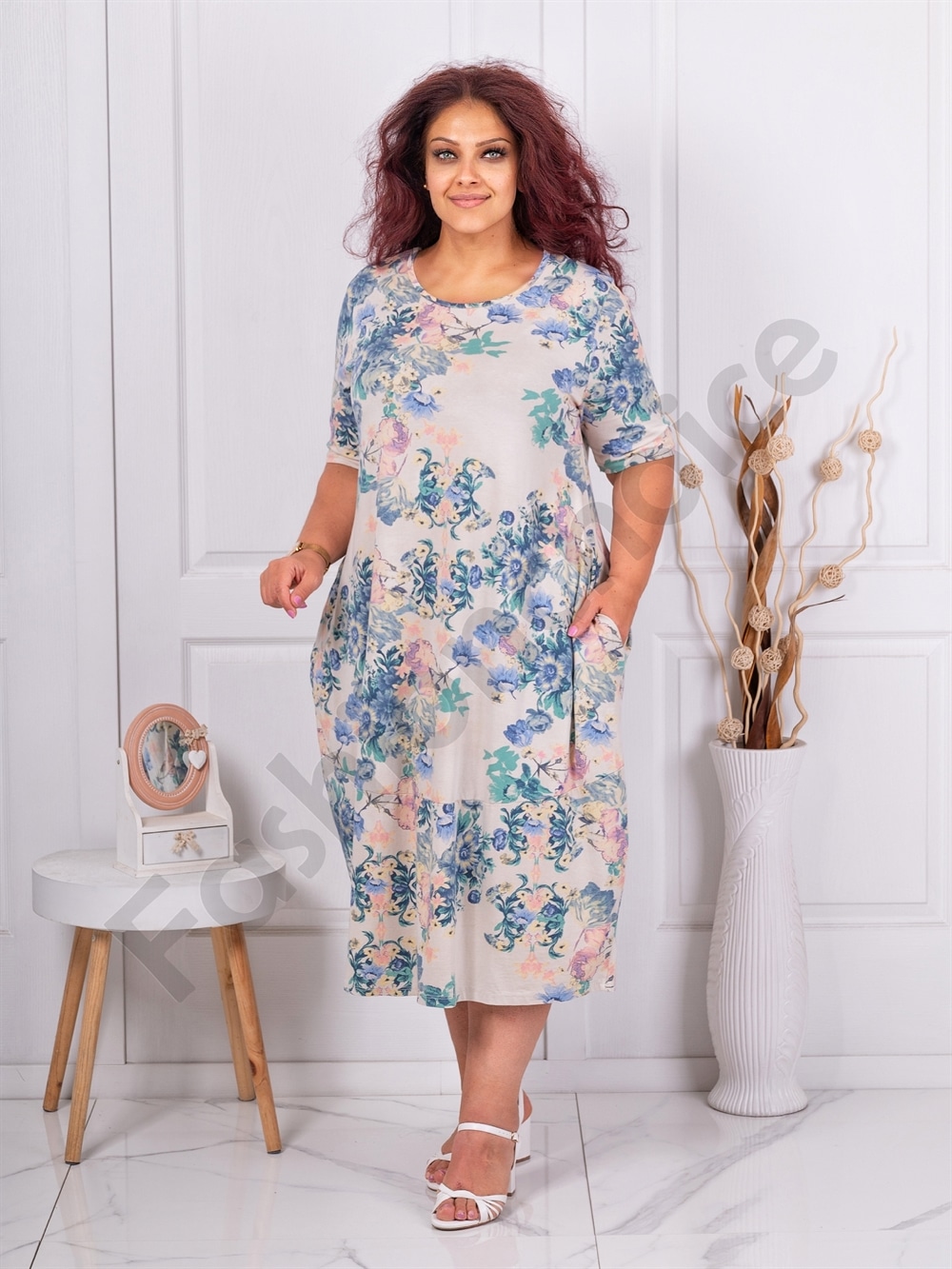 Plus size φόρεμα με φλοράλ ντεσέν-εκρού-κωδ 1281-4