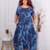 Plus size φλοράλ φόρεμα 100% λινό-μπλε-κωδ 91314-5