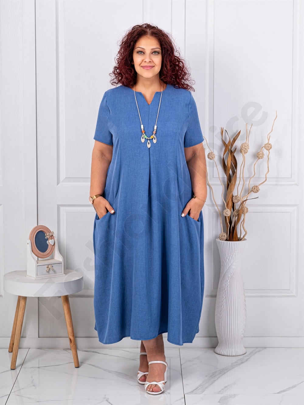 Plus size V φόρεμα με τσέπες-μπλε ραφ-κωδ 2624016