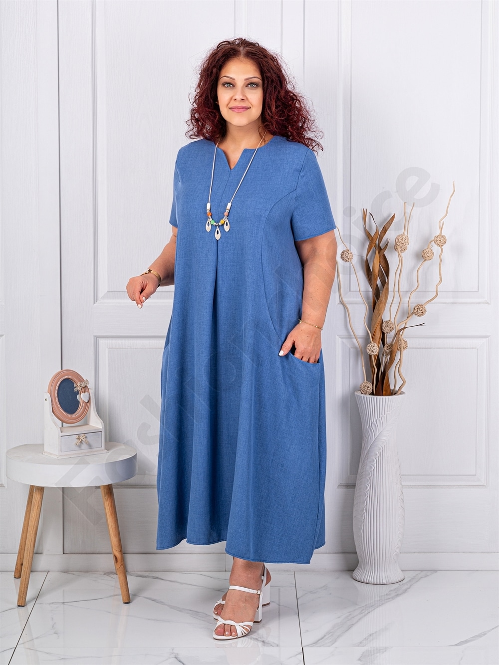 Plus size V φόρεμα με τσέπες-μπλε ραφ-κωδ 2624016
