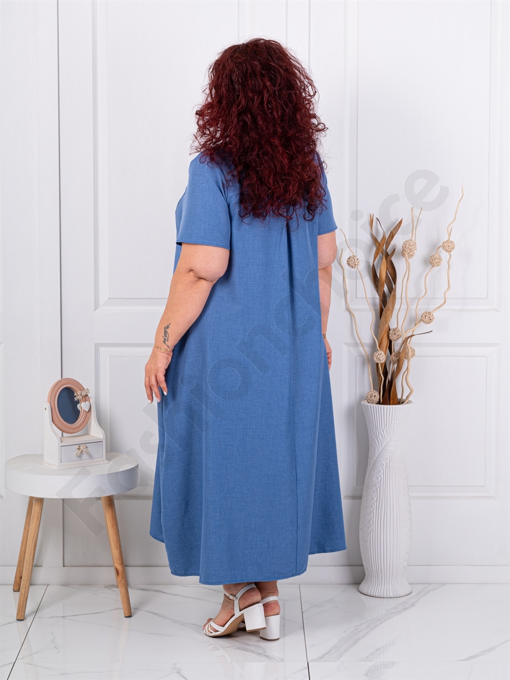 Plus size V φόρεμα με τσέπες-μπλε ραφ-κωδ 2624016