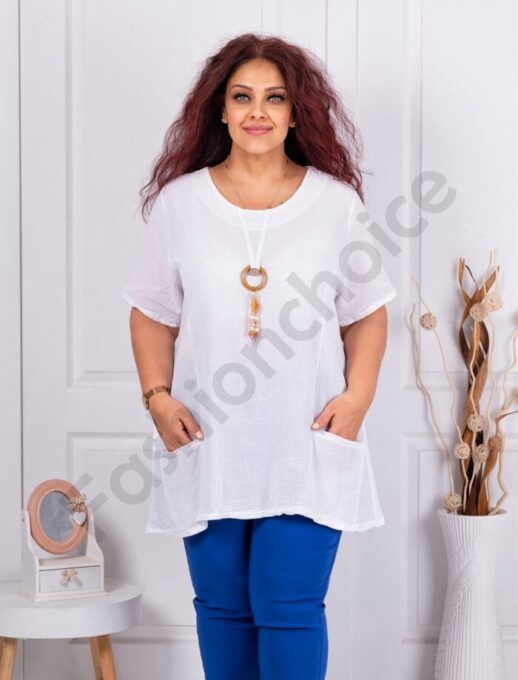 Plus size μπλούζα από λινό και βαμβάκι-λευκό-κωδ 7753-1