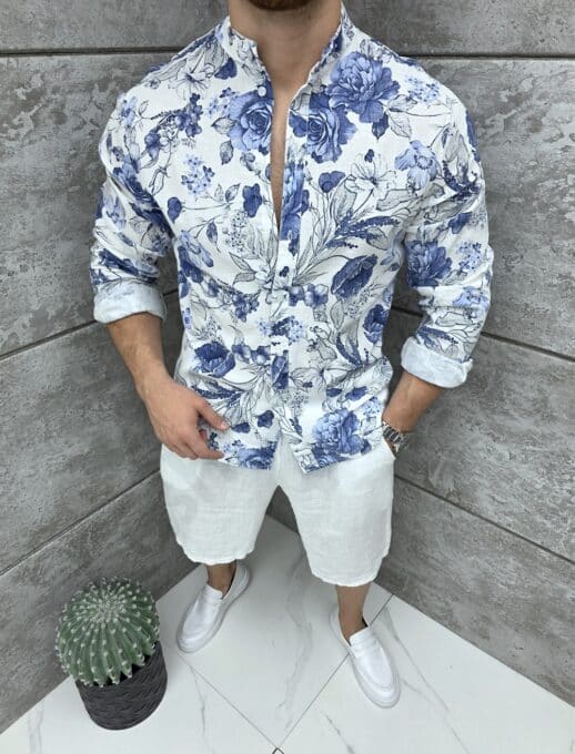 Ανδρικό 100% λινό πουκάμισο-Floral μπλε-κωδ 9525-4