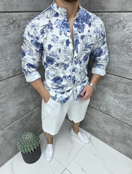 Ανδρικό 100% λινό πουκάμισο-Floral μπλε-κωδ 9525-4