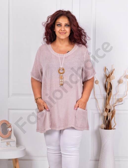 Plus size μπλούζα από λινό και βαμβάκι-ροζ-κωδ 7753-9