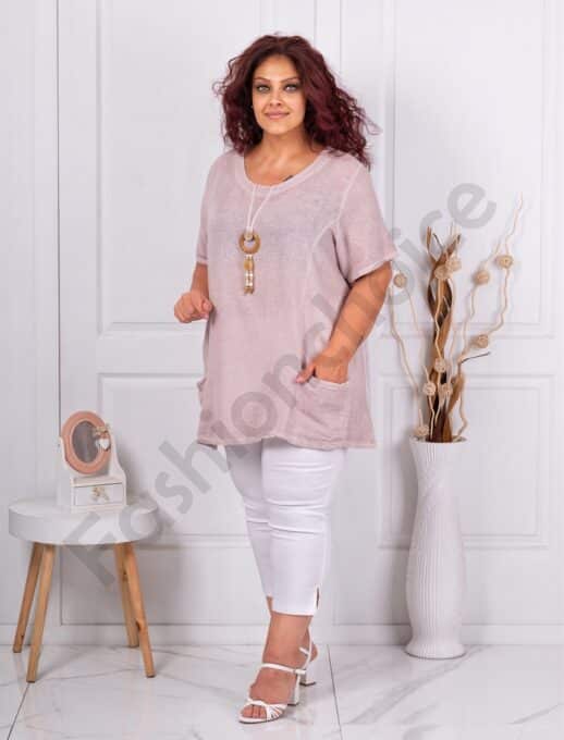 Plus size μπλούζα από λινό και βαμβάκι-ροζ-κωδ 7753-9