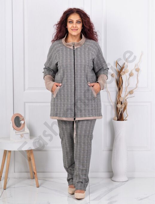 Plus size καρό σετ ζακέτα με παντελόνι-κωδ 1453