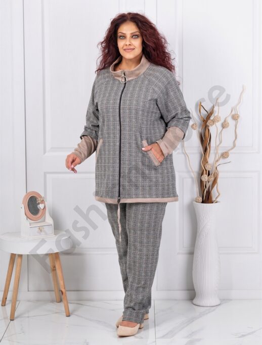 Plus size καρό σετ ζακέτα με παντελόνι-κωδ 1453