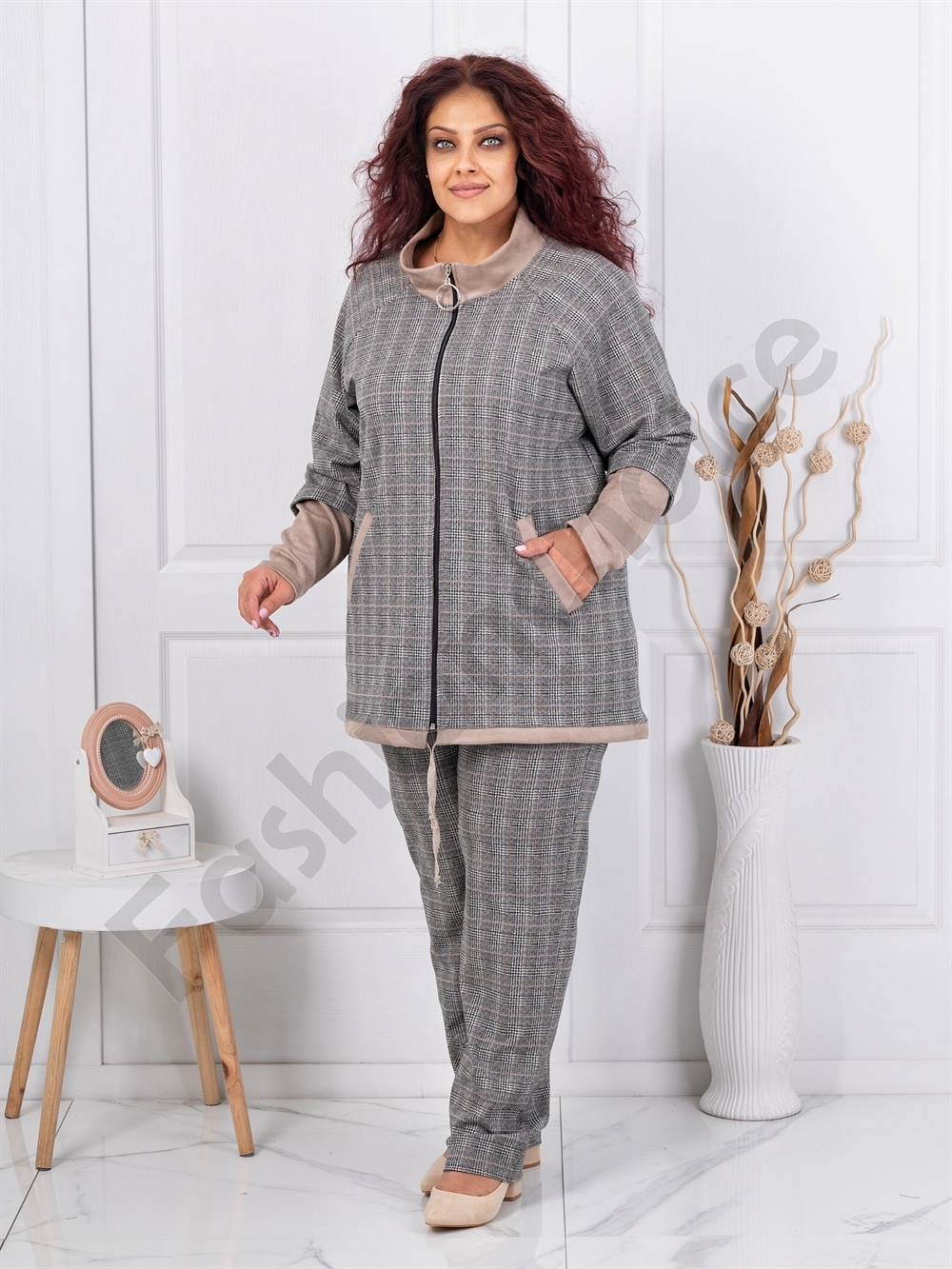 Plus size καρό σετ ζακέτα με παντελόνι-κωδ 1453