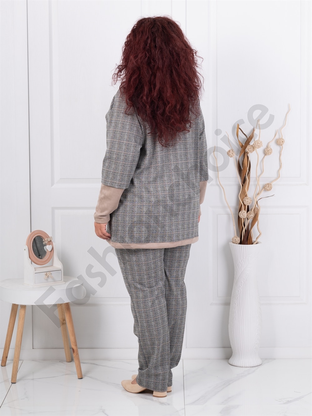 Plus size καρό σετ ζακέτα με παντελόνι-κωδ 1453
