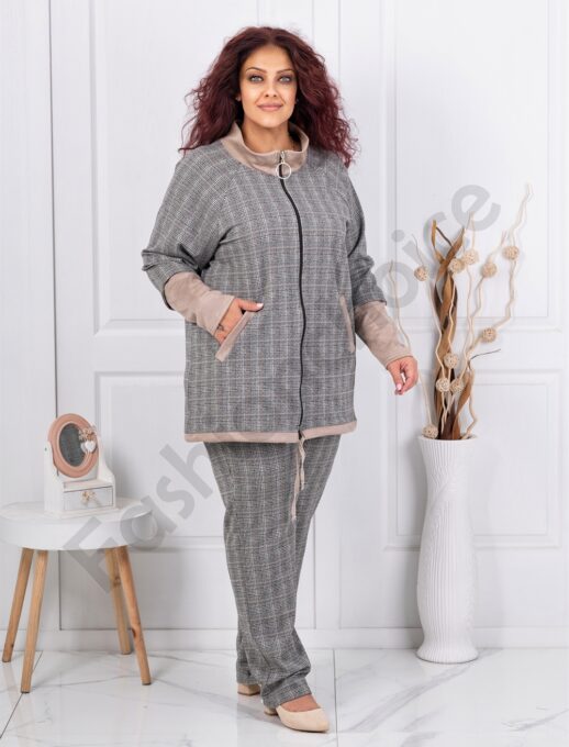 Plus size καρό σετ ζακέτα με παντελόνι-κωδ 1453