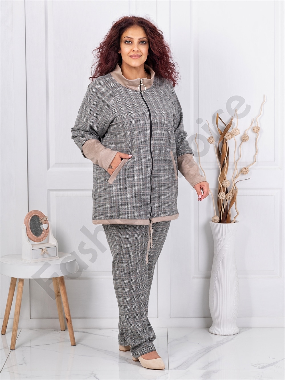 Plus size καρό σετ ζακέτα με παντελόνι-κωδ 1453