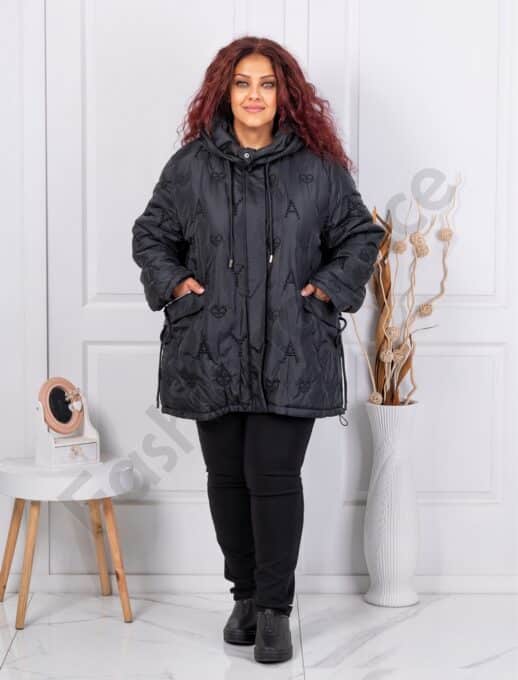 Plus size μπουφάν με κουκούλα-μαύρο-κωδ 63001