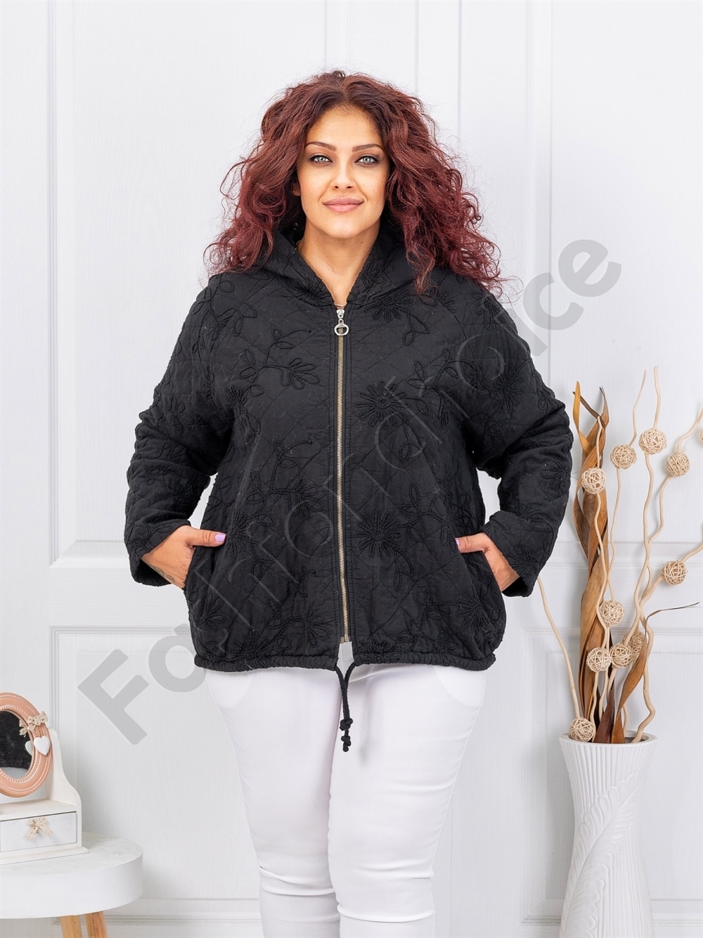 Plus size ζακέτα με κουκούλα-μαύρο-κωδ 5062