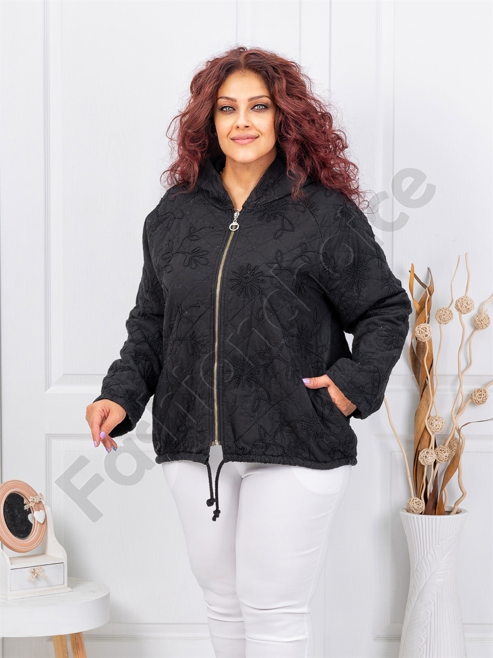 Plus size ζακέτα με κουκούλα-μαύρο-κωδ 5062