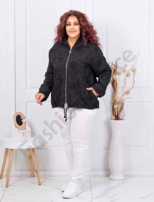 Plus size ζακέτα με κουκούλα-μαύρο-κωδ 5062
