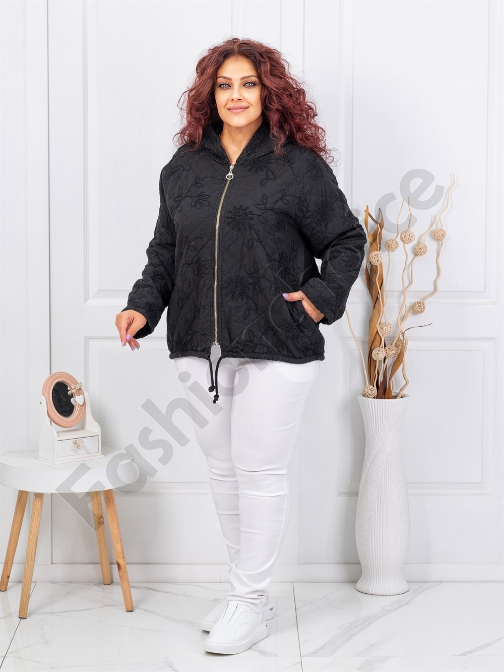 Plus size ζακέτα με κουκούλα-μαύρο-κωδ 5062