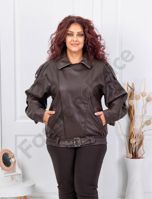 Plus size δερμάτινο μπουφάν με ζώνη-καφέ-κωδ B613-1