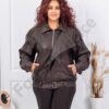 Plus size δερμάτινο μπουφάν με ζώνη-καφέ-κωδ B613-1