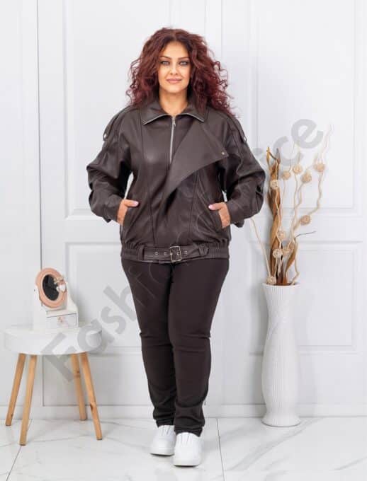 Plus size δερμάτινο μπουφάν με ζώνη-καφέ-κωδ B613-1