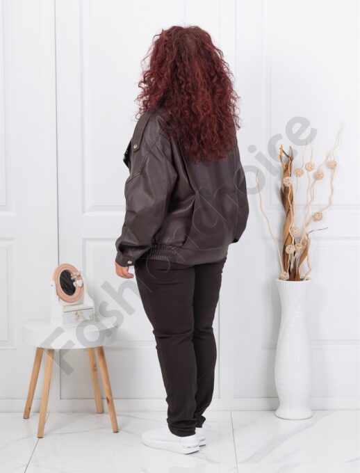 Plus size δερμάτινο μπουφάν με ζώνη-καφέ-κωδ B613-1