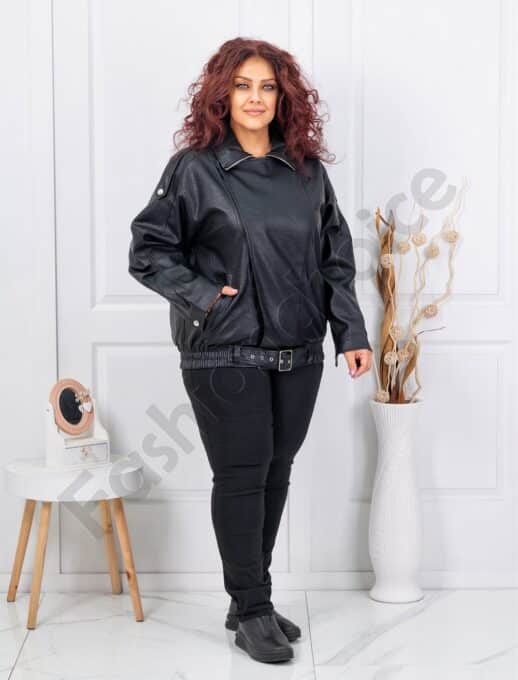Plus size δερμάτινο μπουφάν με ζώνη-μαύρο-κωδ B613