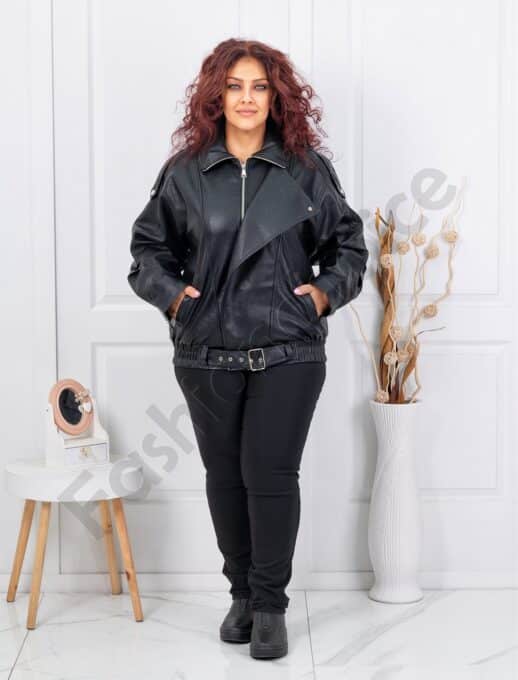 Plus size δερμάτινο μπουφάν με ζώνη-μαύρο-κωδ B613
