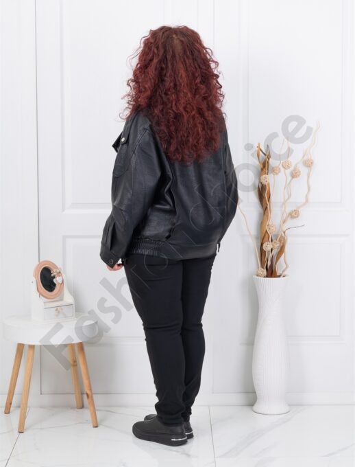 Plus size δερμάτινο μπουφάν με ζώνη-μαύρο-κωδ B613