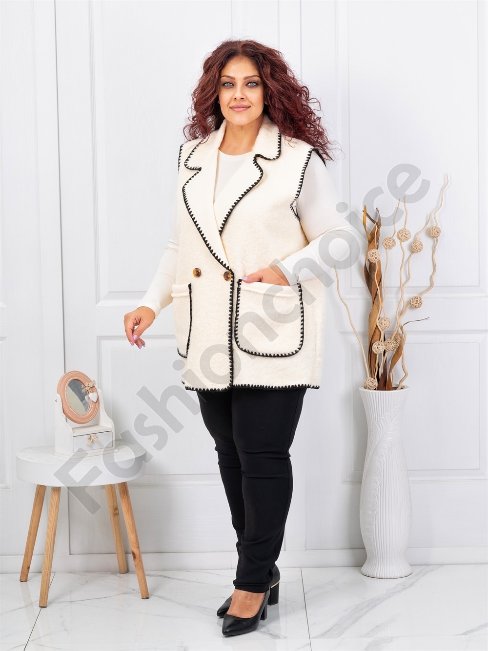 Plus size μπουκλέ γιλέκο-εκρού-κωδ 3835